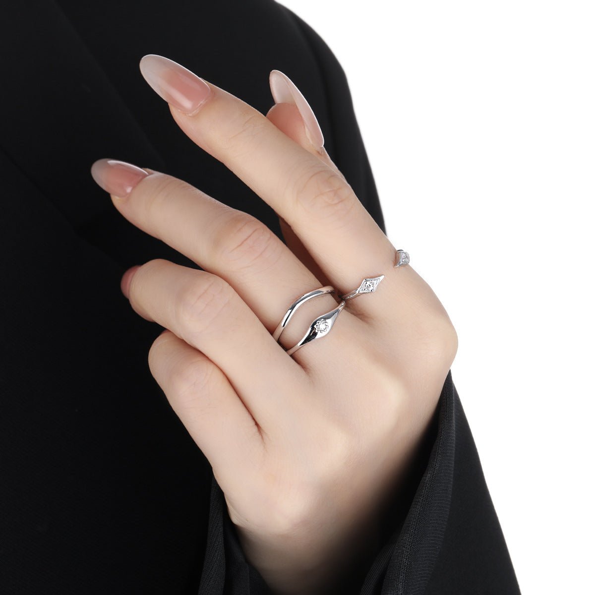 Minimalist Modern Geometric Wave 925 Sterling Silver Ring with Cubic Zirconia Adjustable Ring - KIAHMILLA