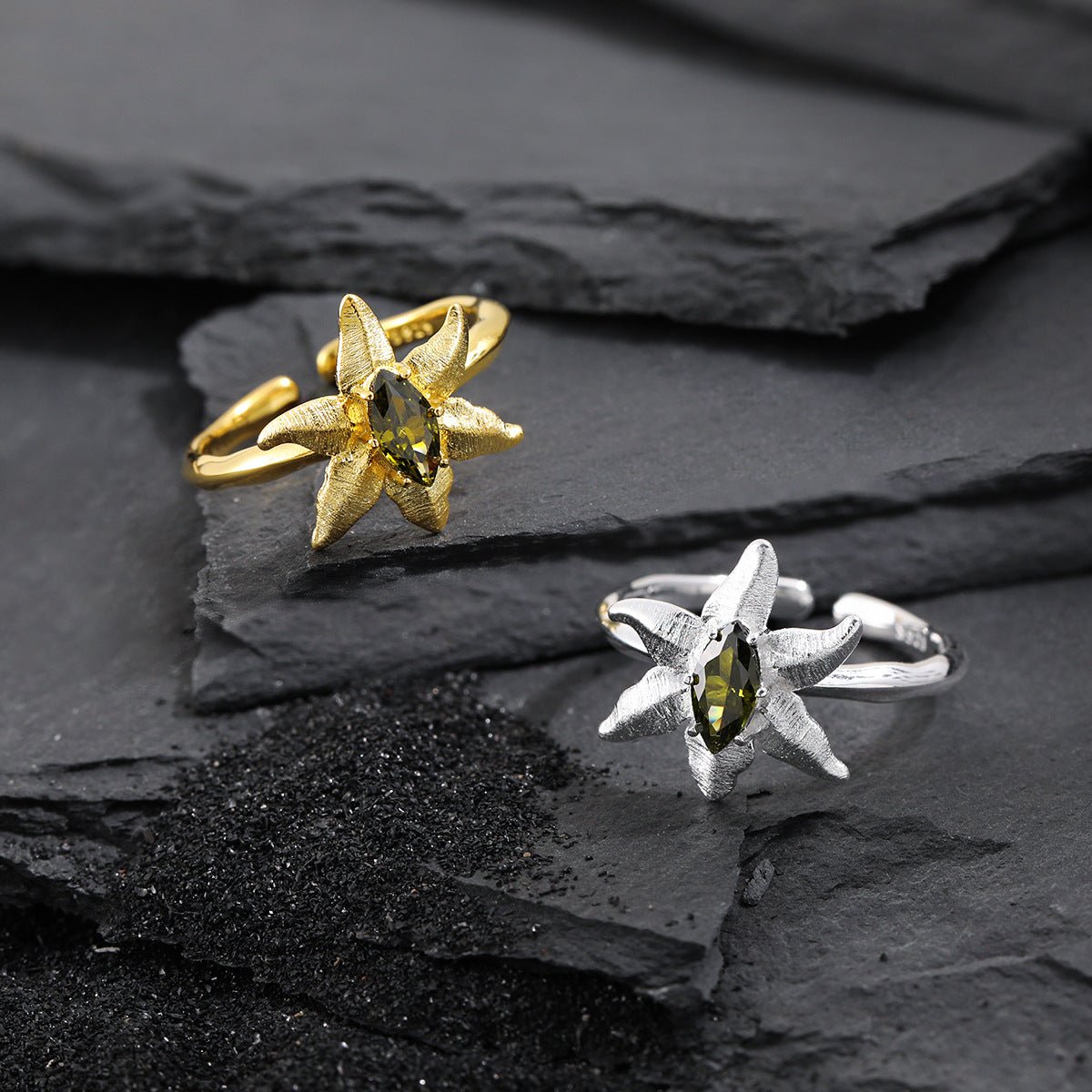 Minimalist Style Unique Starfish Design Peridot Embedded 925 Sterling Silver 18K Gold Plated Open Adjustable Ring - KIAHMILLA