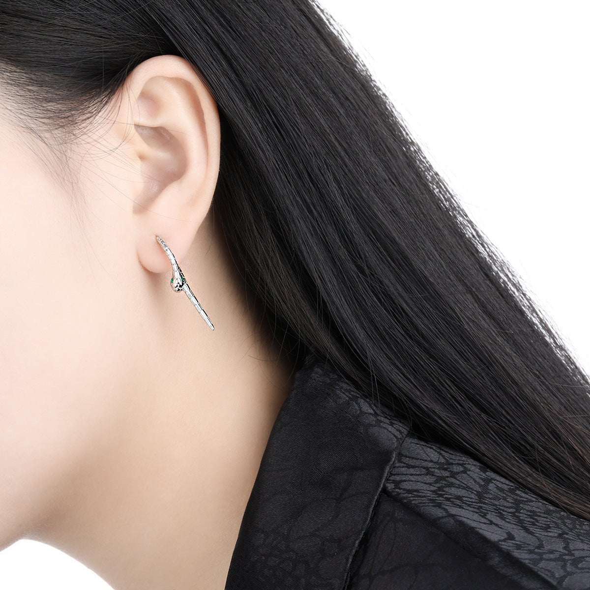 Modern Animal Gree CZ Eye Snake 925 Sterling Silver Leverback Dangling Earrings - KIAHMILLA