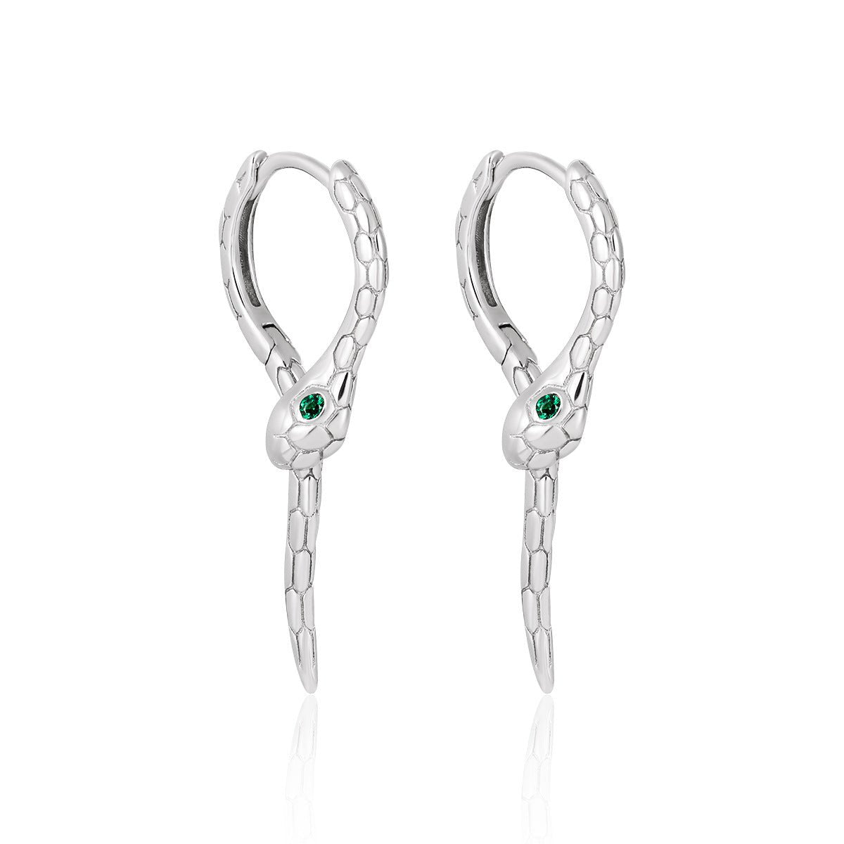 Modern Animal Gree CZ Eye Snake 925 Sterling Silver Leverback Dangling Earrings - KIAHMILLA