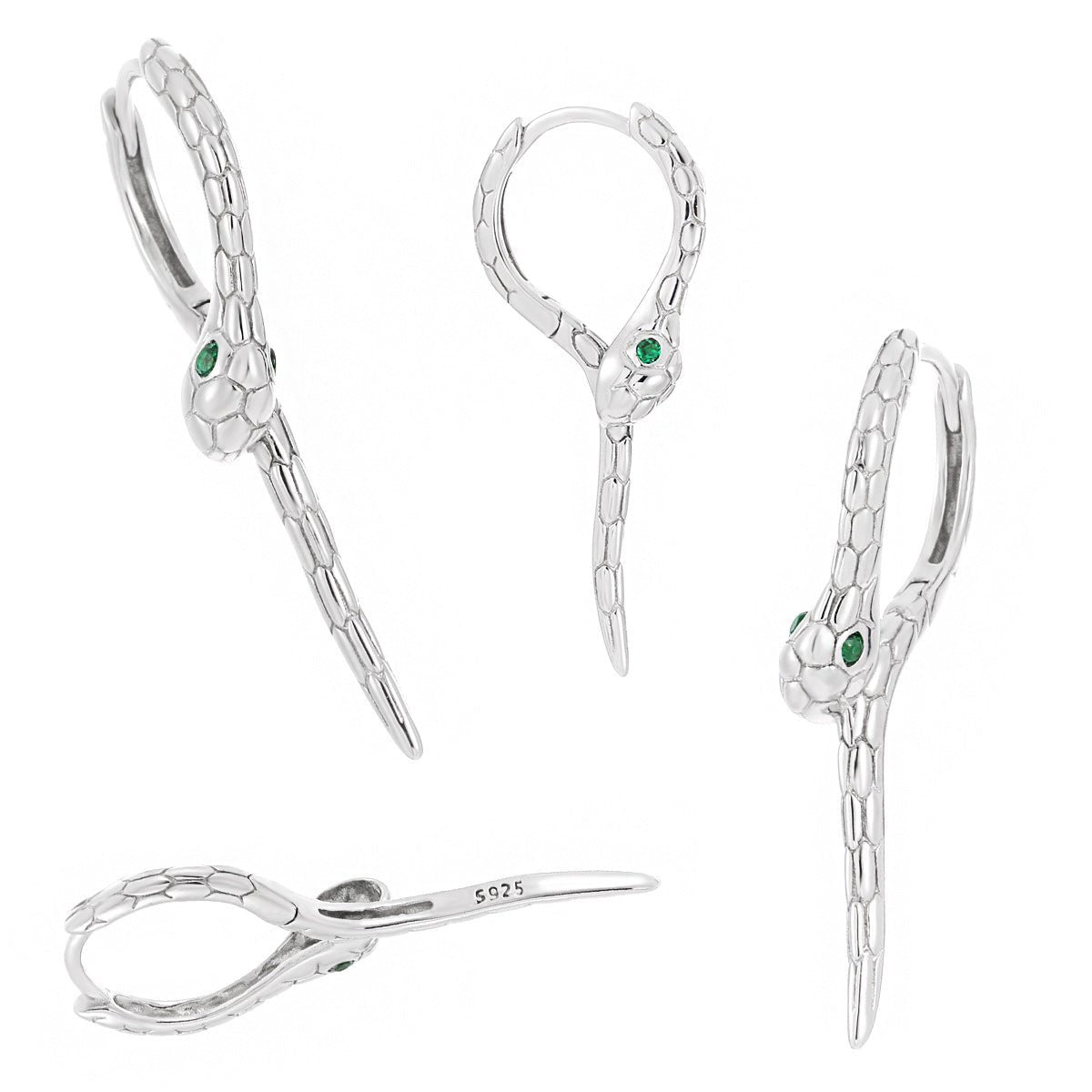 Modern Animal Gree CZ Eye Snake 925 Sterling Silver Leverback Dangling Earrings - KIAHMILLA