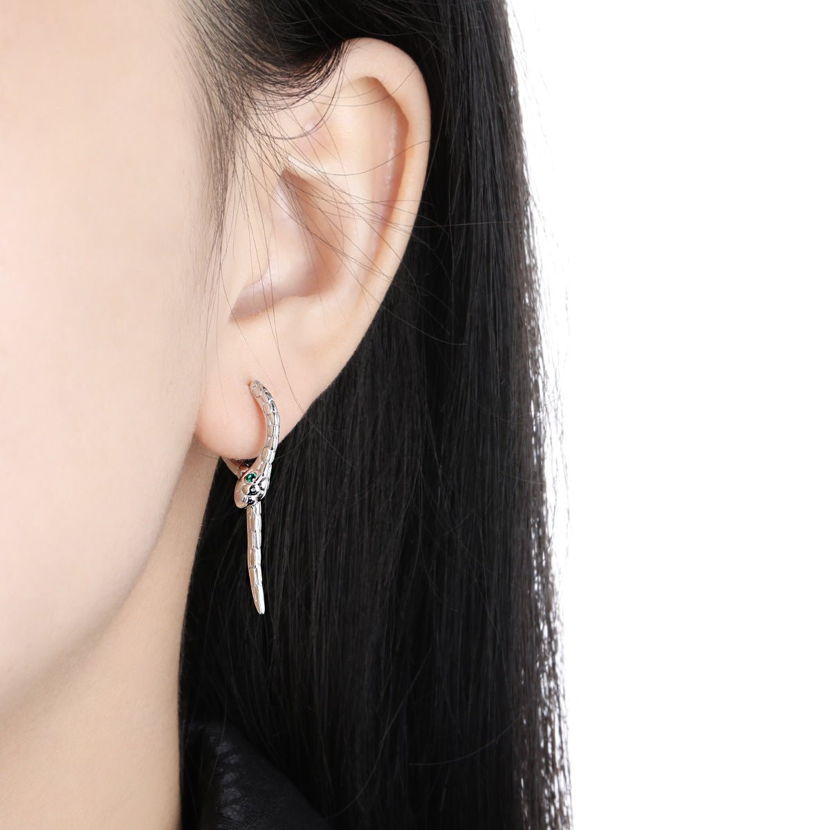 Modern Animal Gree CZ Eye Snake 925 Sterling Silver Leverback Dangling Earrings - KIAHMILLA