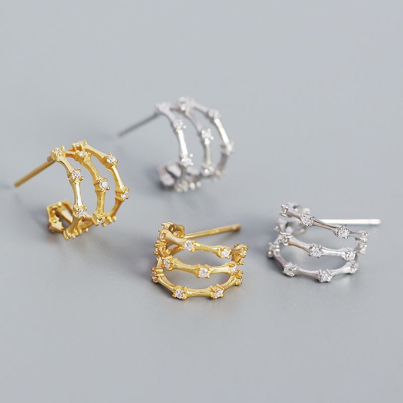 Modern CZ C Shape Slub 925 Sterling Silver Stud Earrings - KIAHMILLA