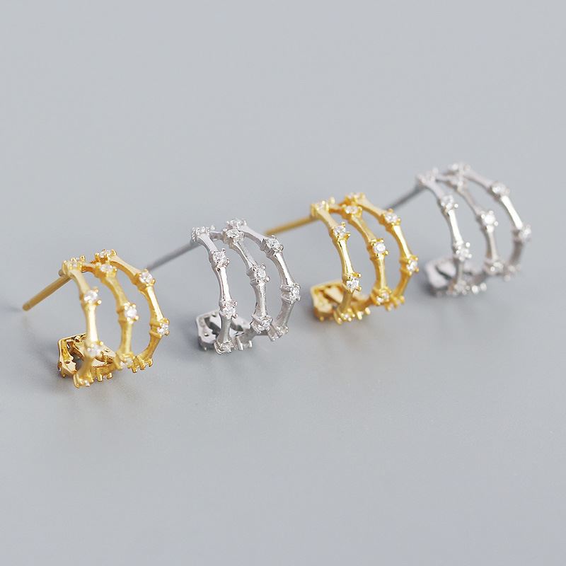 Modern CZ C Shape Slub 925 Sterling Silver Stud Earrings - KIAHMILLA
