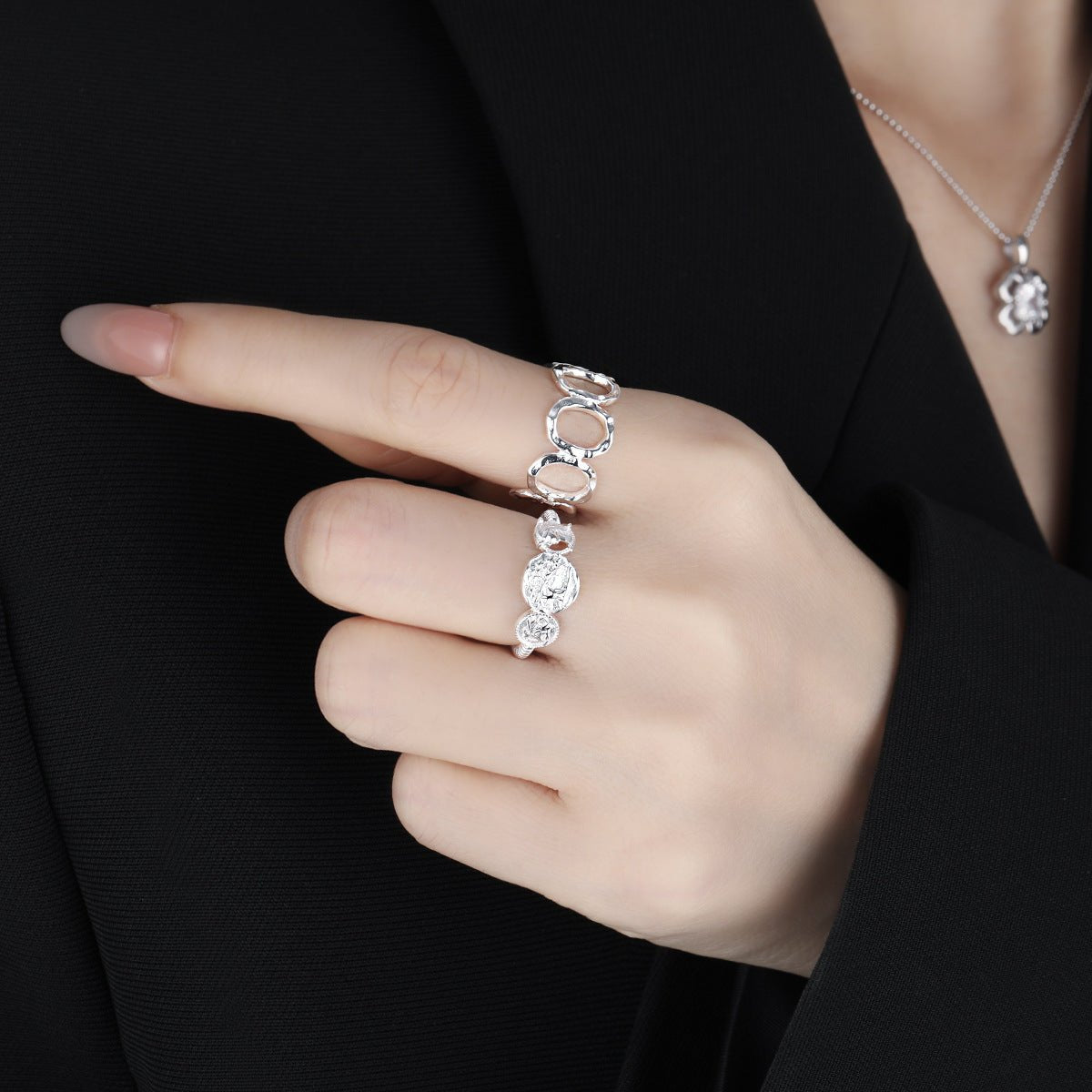 Modern Fashion Jewelry Geometric Round Hollow 925 Sterling Silver Adjustable Ring - KIAHMILLA