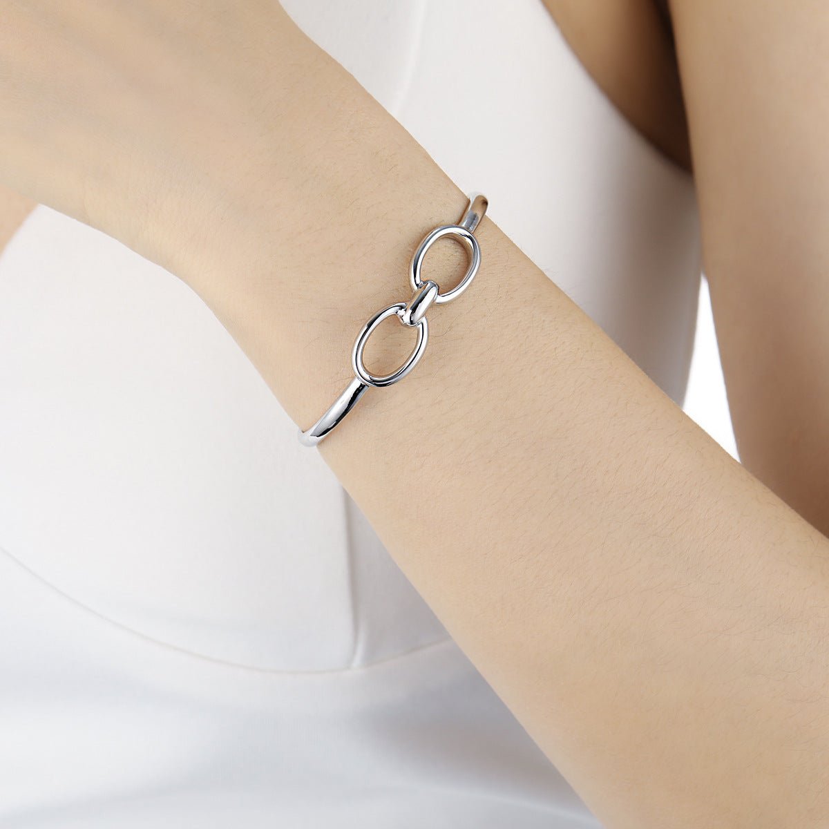 Modern Minimalist Geometric Style Silver Double Circle Hollow Design 925 Sterling Silver Open Bangle Bracelet - KIAHMILLA