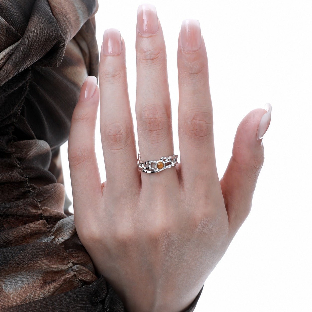 Modern Natural Tiger's Eye Irregular Openwork Pattern 925 Sterling Silver Adjustable Ring - KIAHMILLA