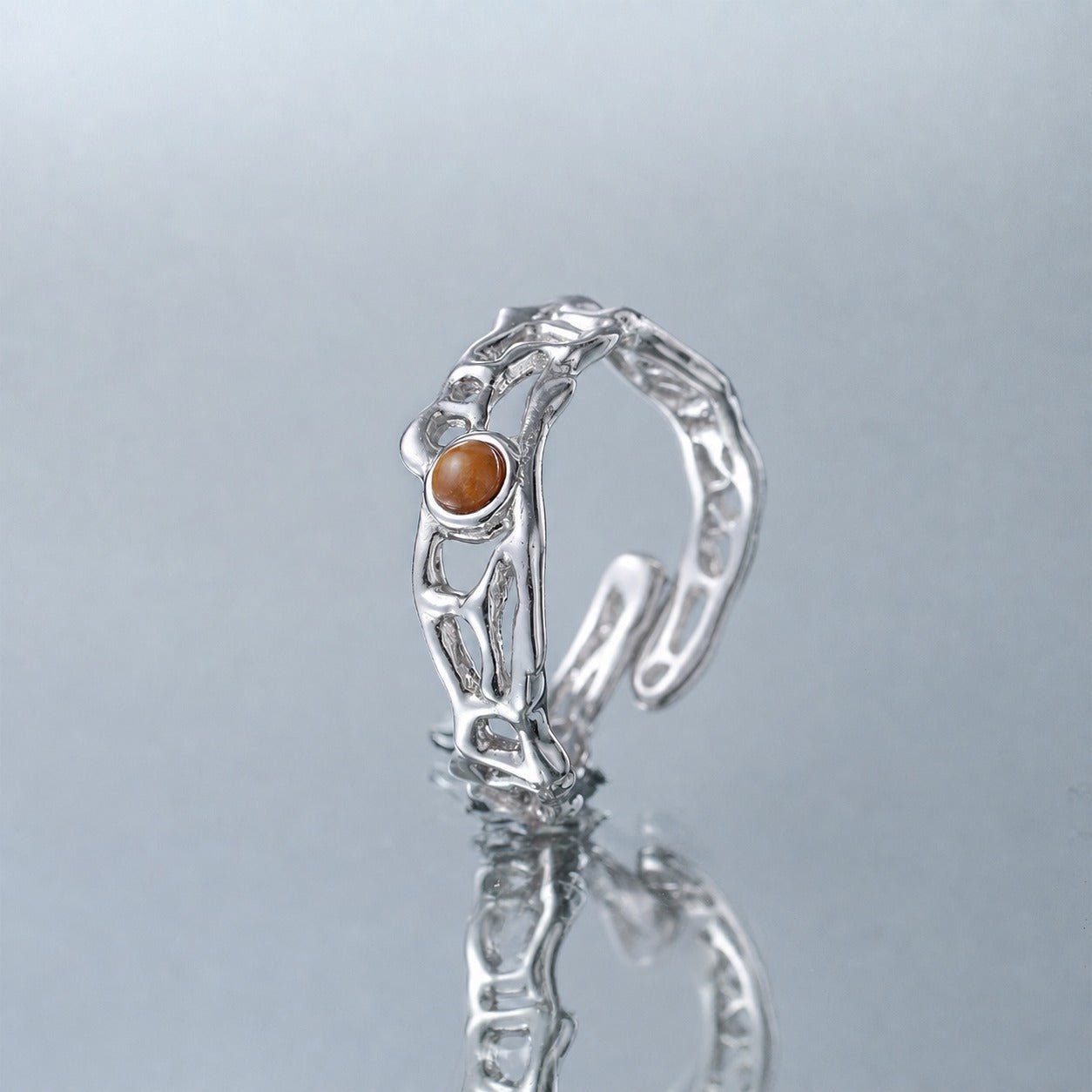 Modern Natural Tiger's Eye Irregular Openwork Pattern 925 Sterling Silver Adjustable Ring - KIAHMILLA