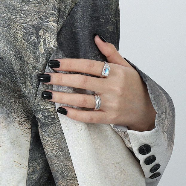 Modern Oval Created Moonstone Geometry Rectangle 925 Sterling Silver Adjustable Ring - KIAHMILLA