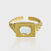 Modern Oval Created Moonstone Geometry Rectangle 925 Sterling Silver Adjustable Ring - KIAHMILLA