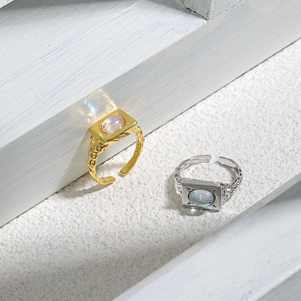 Modern Oval Created Moonstone Geometry Rectangle 925 Sterling Silver Adjustable Ring - KIAHMILLA