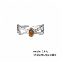 Natural Brown Tiger Eye Oval Cabochon 925 Sterling Silver Ring with Wavy Texture and Openwork Design Ring - KIAHMILLA