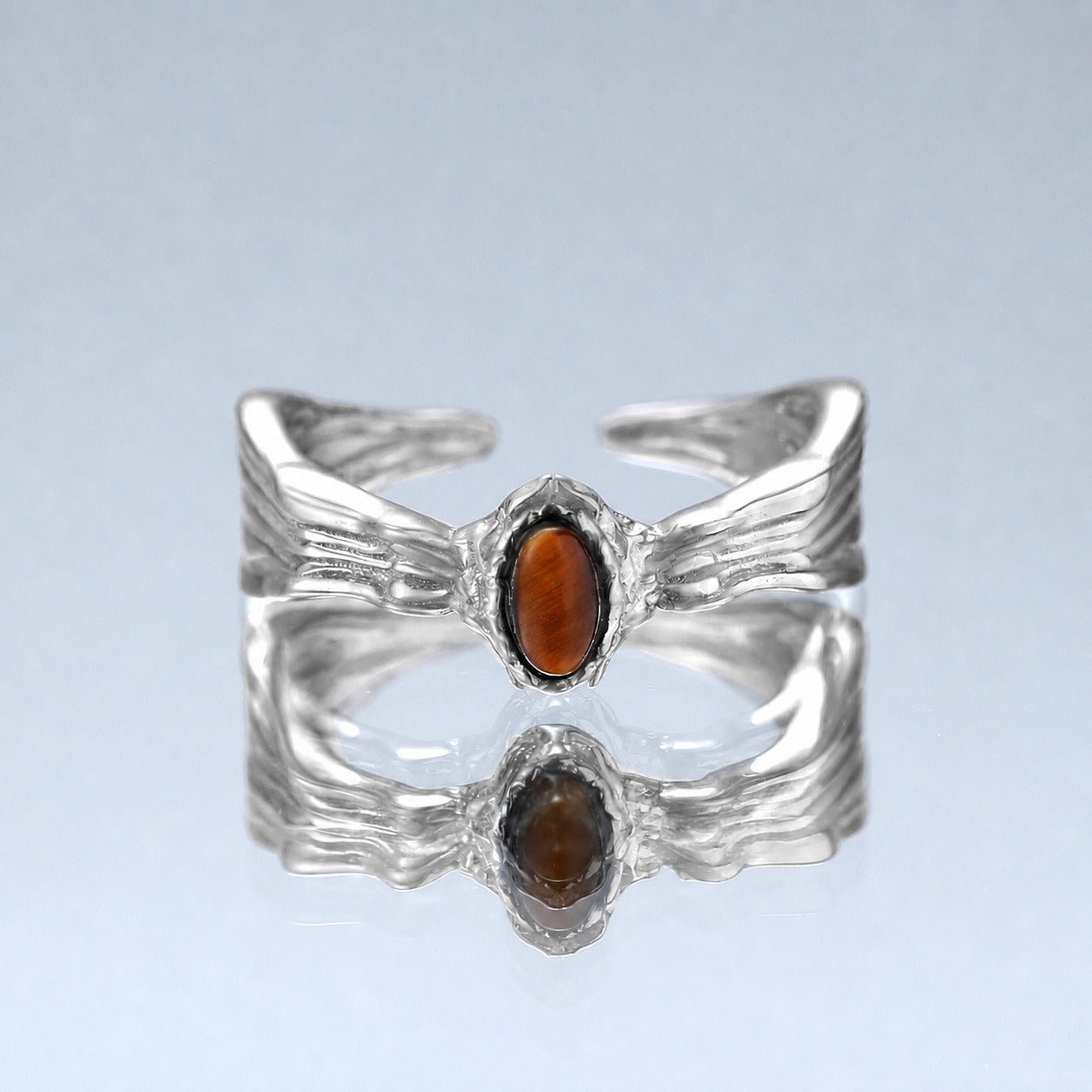 Natural Brown Tiger Eye Oval Cabochon 925 Sterling Silver Ring with Wavy Texture and Openwork Design Ring - KIAHMILLA