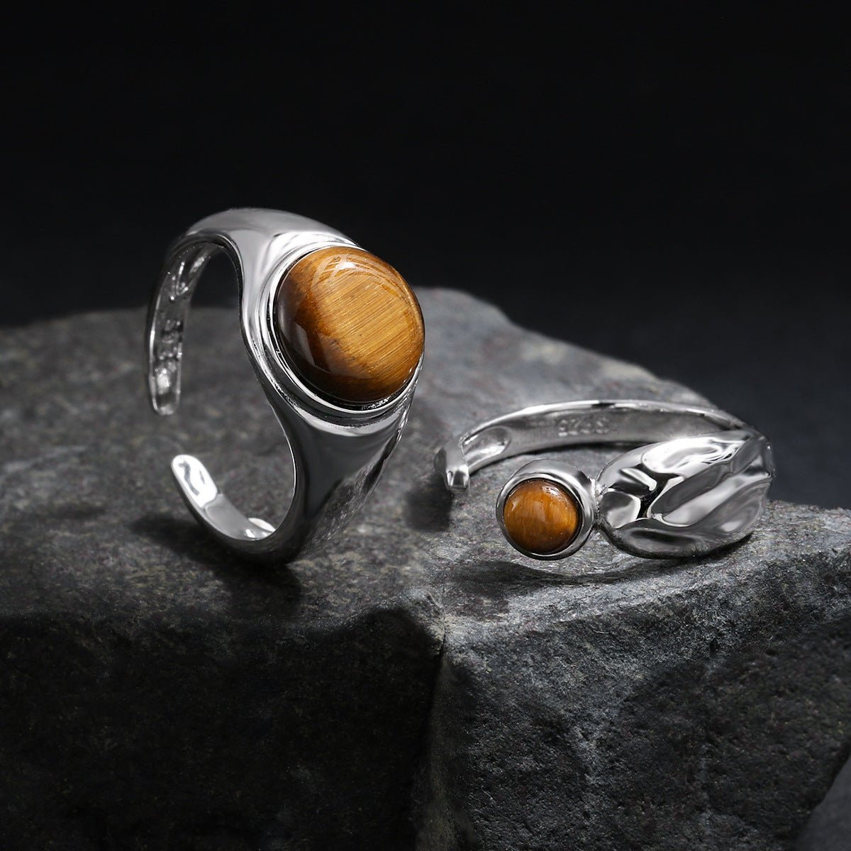 Natural Tiger's Eye 925 Sterling Silver Natural Stone Adjustable Open Band Wide Rimmed Leaf-Shaped Twisted Ring - KIAHMILLA
