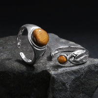 Natural Tiger's Eye 925 Sterling Silver Natural Stone Adjustable Open Band Wide Rimmed Leaf-Shaped Twisted Ring - KIAHMILLA