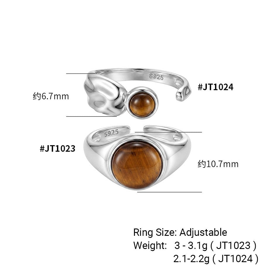 Natural Tiger's Eye 925 Sterling Silver Natural Stone Adjustable Open Band Wide Rimmed Leaf-Shaped Twisted Ring - KIAHMILLA