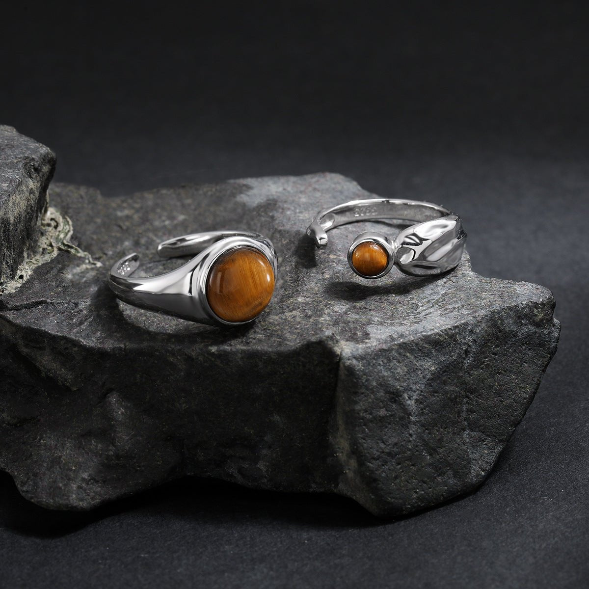 Natural Tiger's Eye 925 Sterling Silver Natural Stone Adjustable Open Band Wide Rimmed Leaf-Shaped Twisted Ring - KIAHMILLA