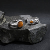 Natural Tiger's Eye 925 Sterling Silver Natural Stone Adjustable Open Band Wide Rimmed Leaf-Shaped Twisted Ring - KIAHMILLA