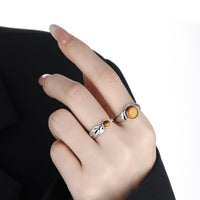 Natural Tiger's Eye 925 Sterling Silver Natural Stone Adjustable Open Band Wide Rimmed Leaf-Shaped Twisted Ring - KIAHMILLA