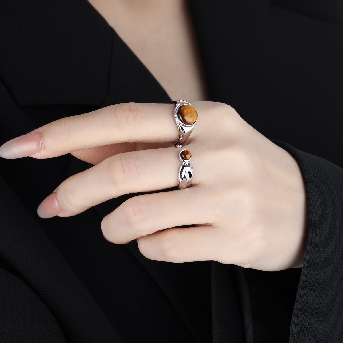 Natural Tiger's Eye 925 Sterling Silver Natural Stone Adjustable Open Band Wide Rimmed Leaf-Shaped Twisted Ring - KIAHMILLA