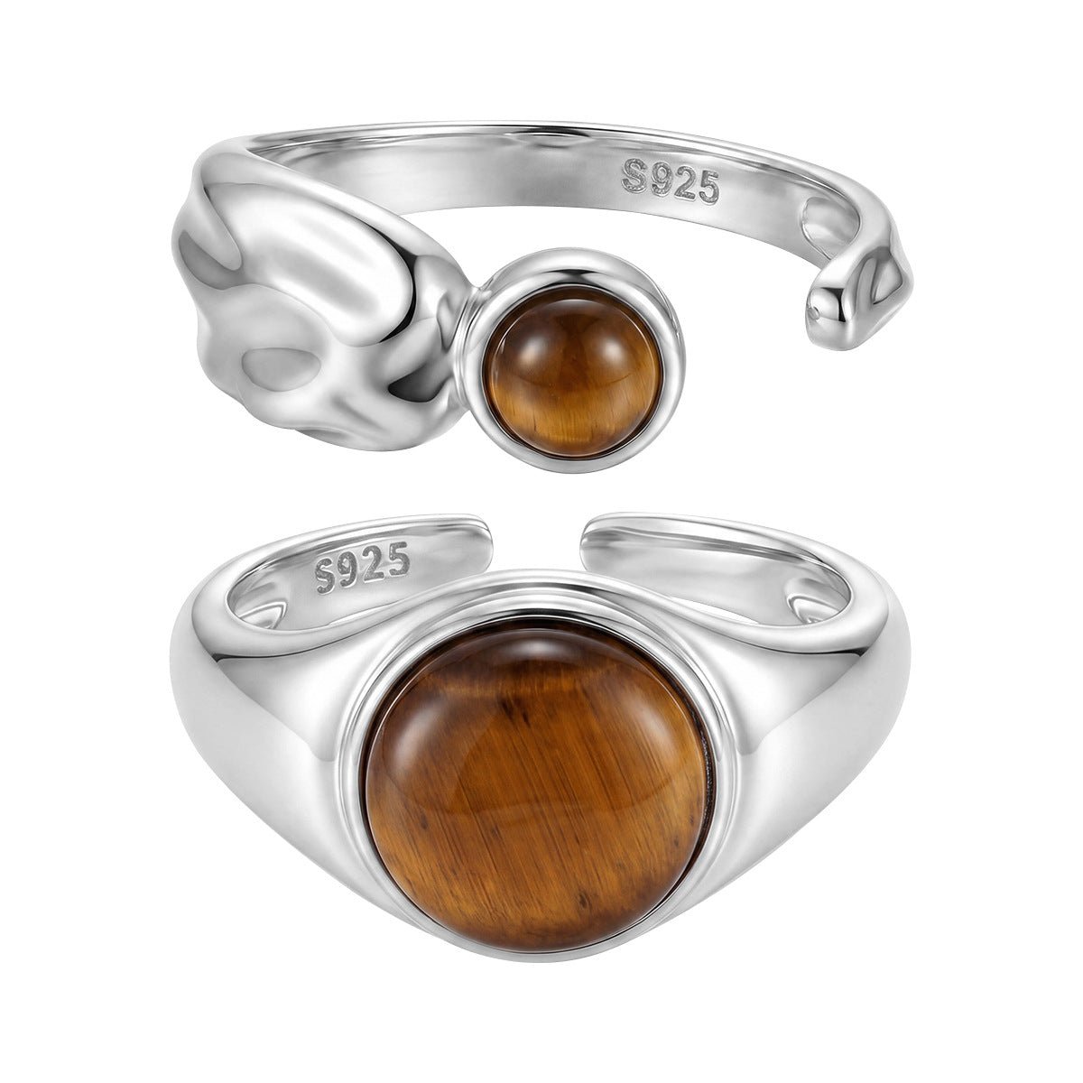 Natural Tiger's Eye 925 Sterling Silver Natural Stone Adjustable Open Band Wide Rimmed Leaf-Shaped Twisted Ring - KIAHMILLA