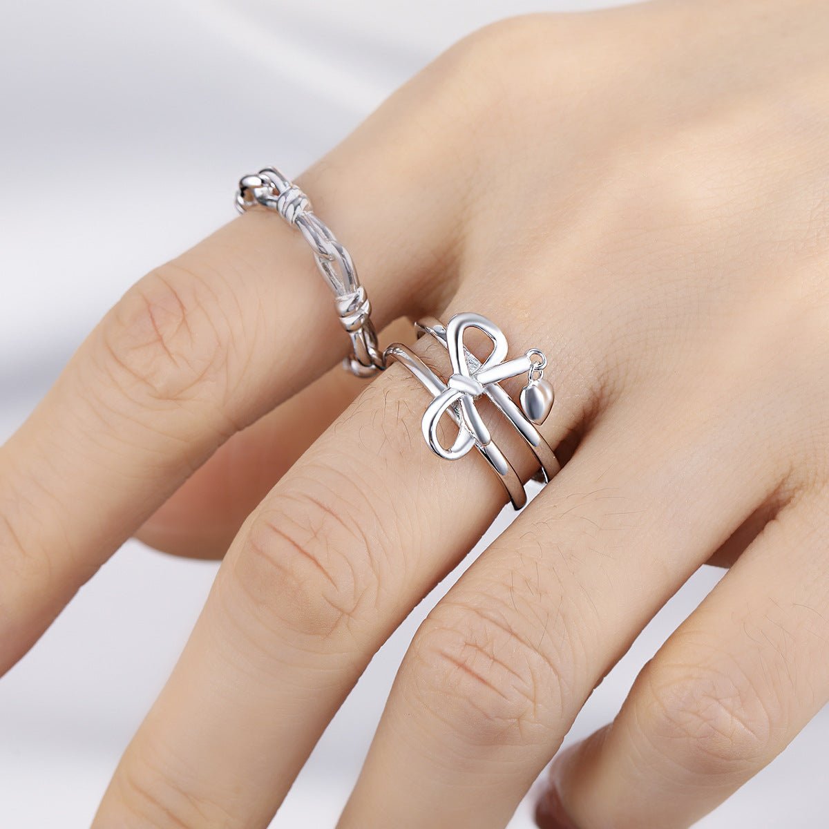 New Double Band Adjustable Bowknot Heart Charm 925 Sterling Silver Fashionable Women's Ring - KIAHMILLA