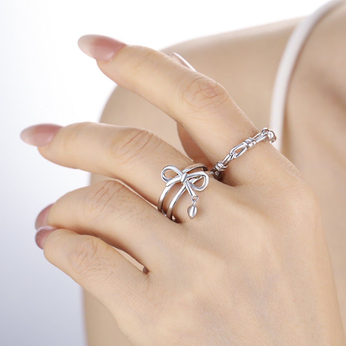 New Double Band Adjustable Bowknot Heart Charm 925 Sterling Silver Fashionable Women's Ring - KIAHMILLA