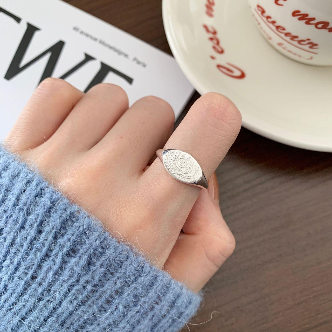 New Sun Moon Portrait 925 Sterling Silver Adjustable Signet Ring - KIAHMILLA
