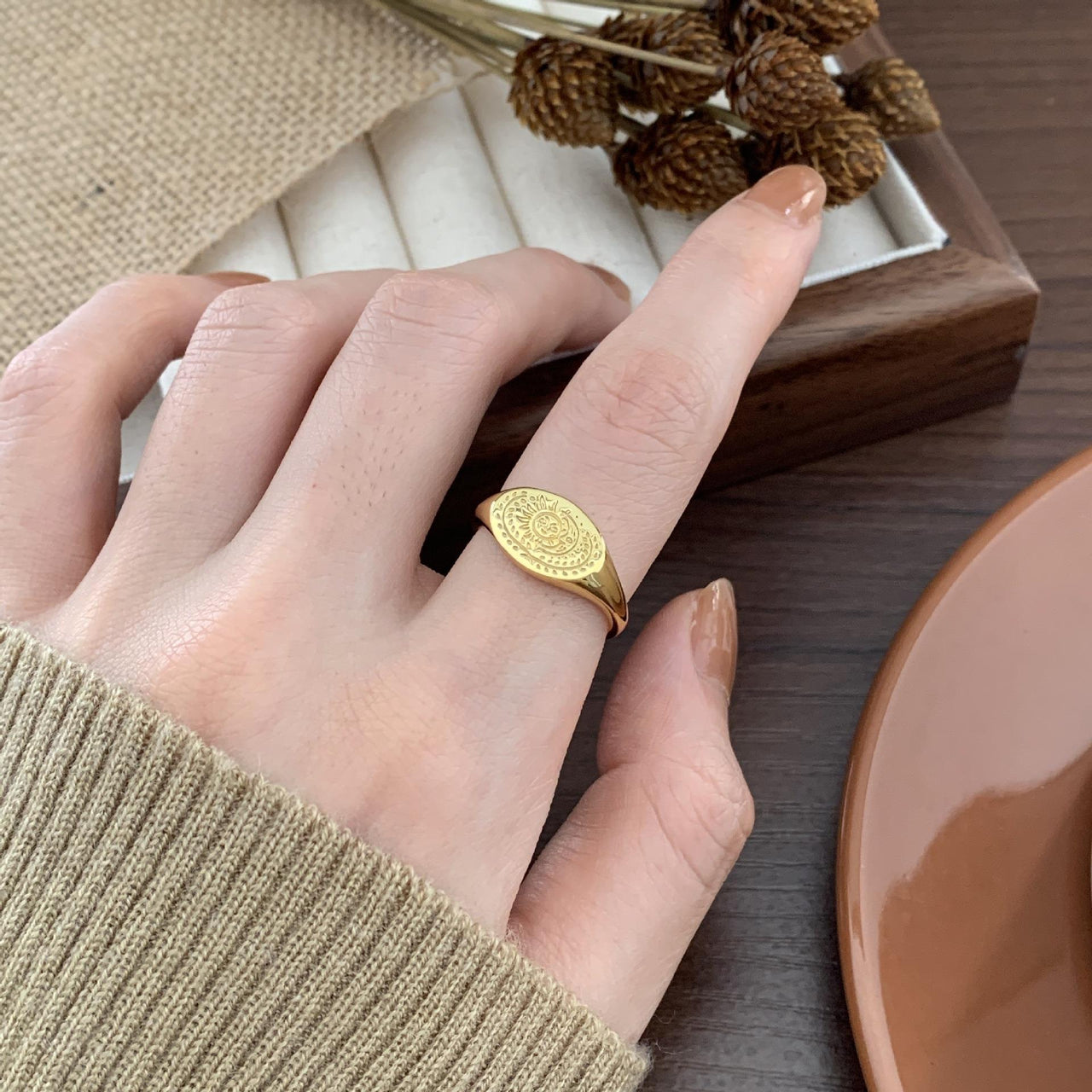 New Sun Moon Portrait 925 Sterling Silver Adjustable Signet Ring - KIAHMILLA