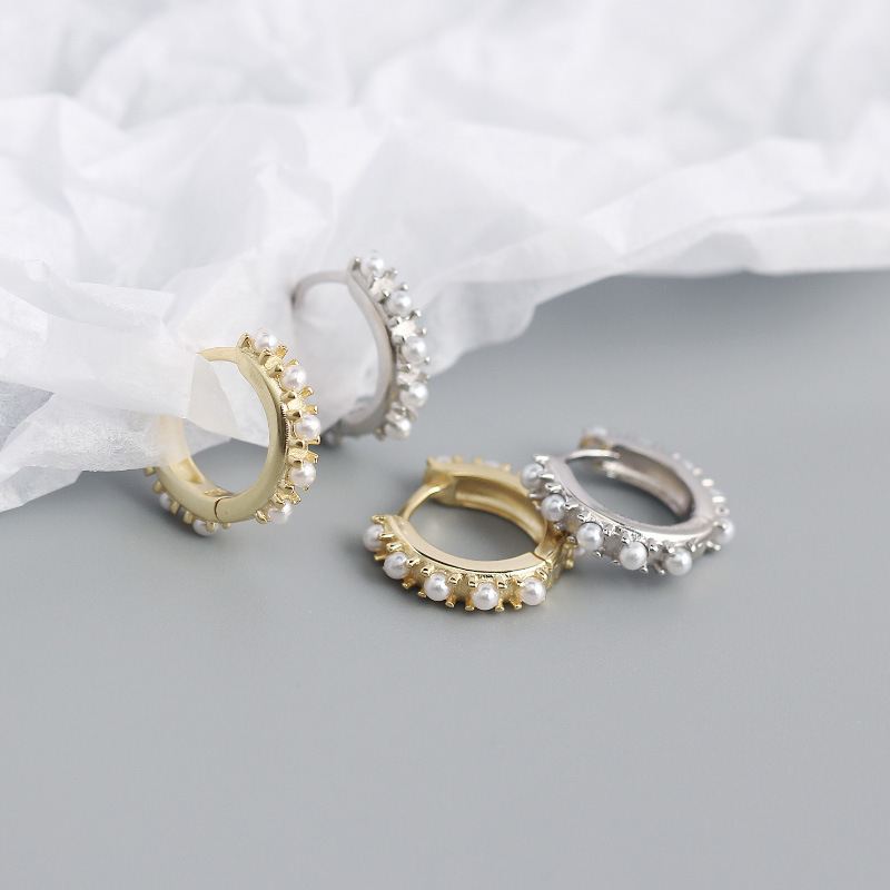 Office Mini Shell Pearls 925 Sterling Silver Huggie Hoop Earrings - KIAHMILLA