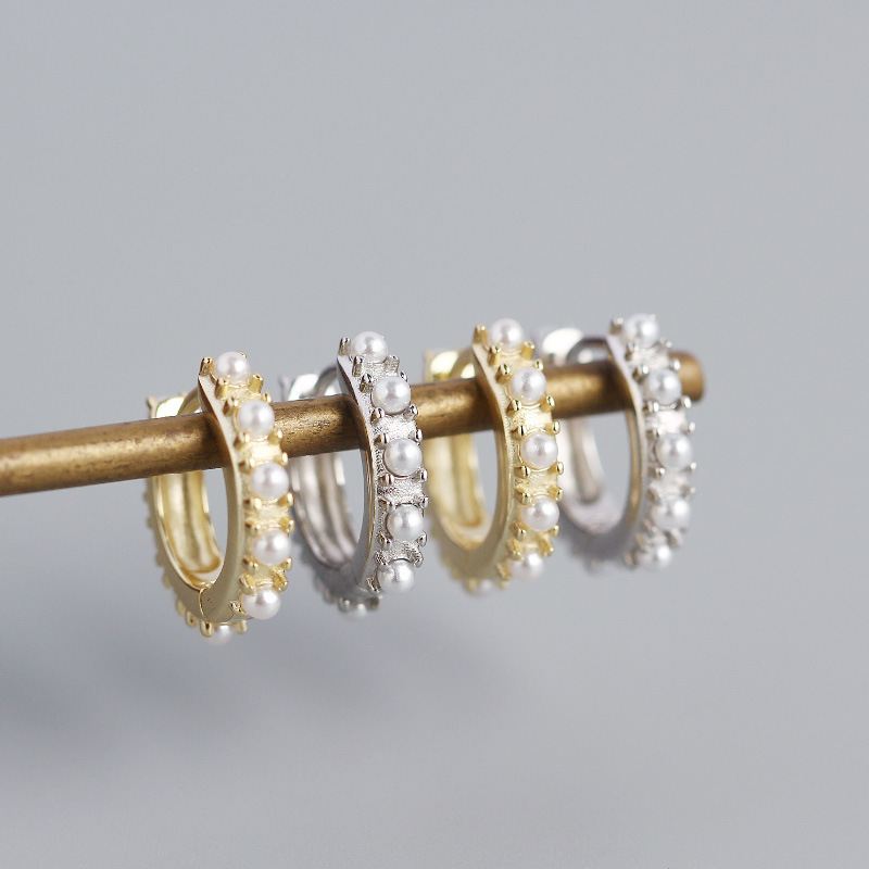 Office Mini Shell Pearls 925 Sterling Silver Huggie Hoop Earrings - KIAHMILLA