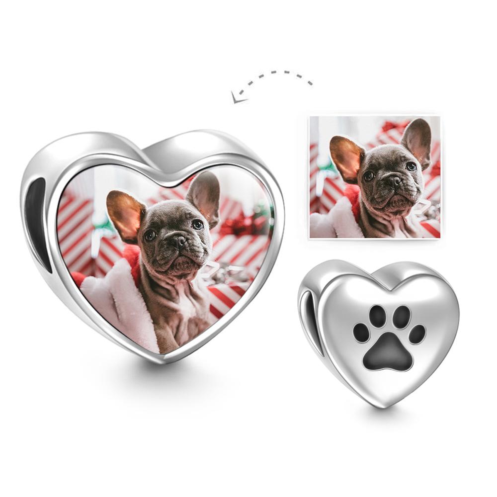 Paw Print Custom Heart Photo Charm Bead Pendant Silver - Coolpeacock