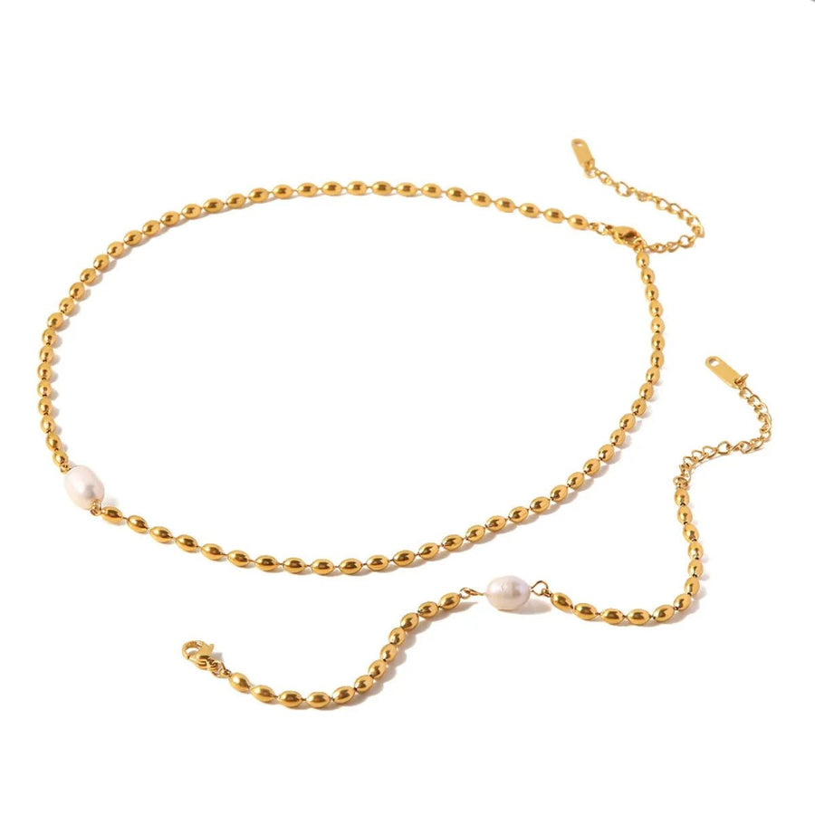 Pearl and Gold Chain Jewelry Set with Necklace and Bracelet - Coolpeacock