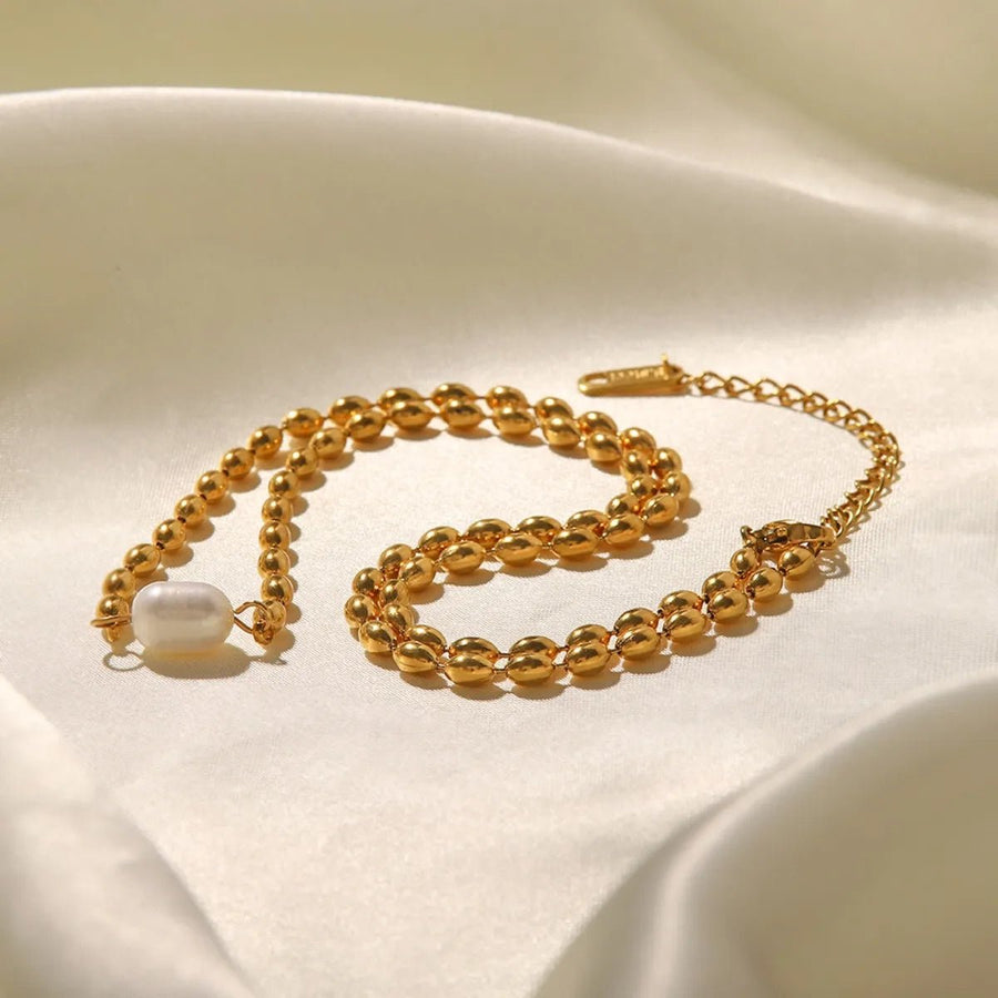 Pearl and Gold Chain Jewelry Set with Necklace and Bracelet - Coolpeacock