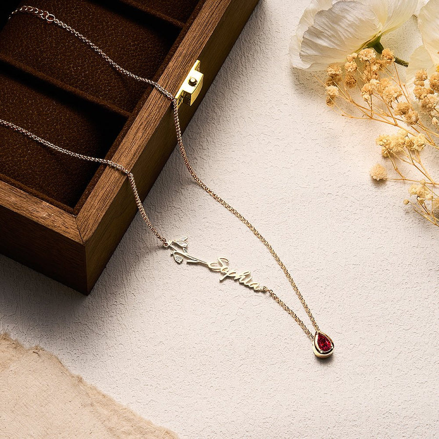 Personalized Birth Flower Birthstone Necklace with Name Necklace Jewelry Gift for Her - Coolpeacock