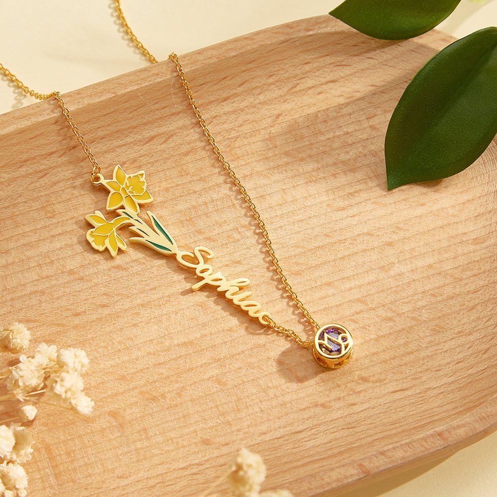 Personalized Birth Flower & Star Sign Name Necklace - Ideal Wedding Gift Birthday Gift - Coolpeacock
