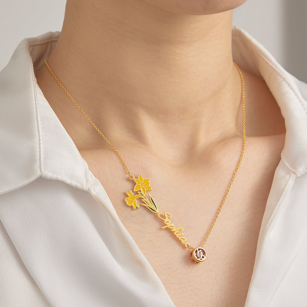 Personalized Birth Flower & Star Sign Name Necklace - Ideal Wedding Gift Birthday Gift - Coolpeacock