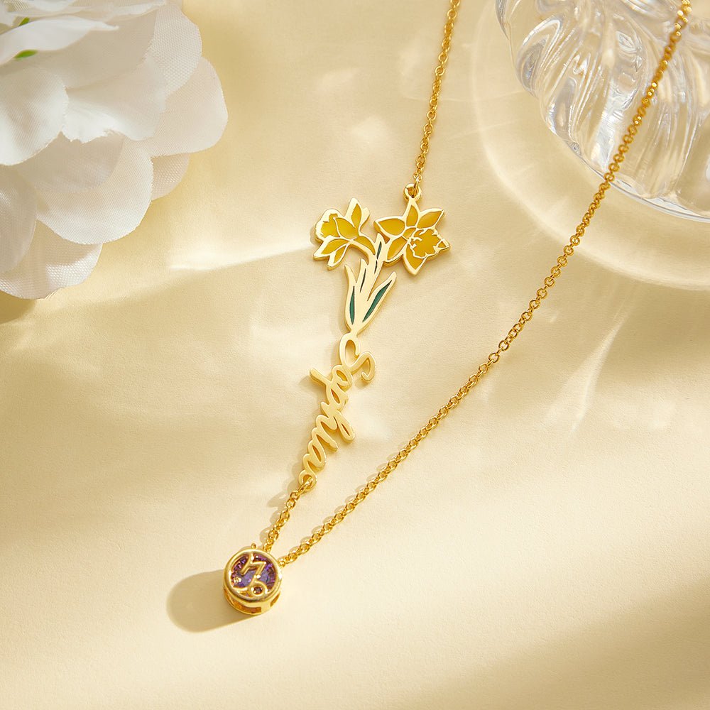Personalized Birth Flower & Star Sign Name Necklace - Ideal Wedding Gift Birthday Gift - Coolpeacock