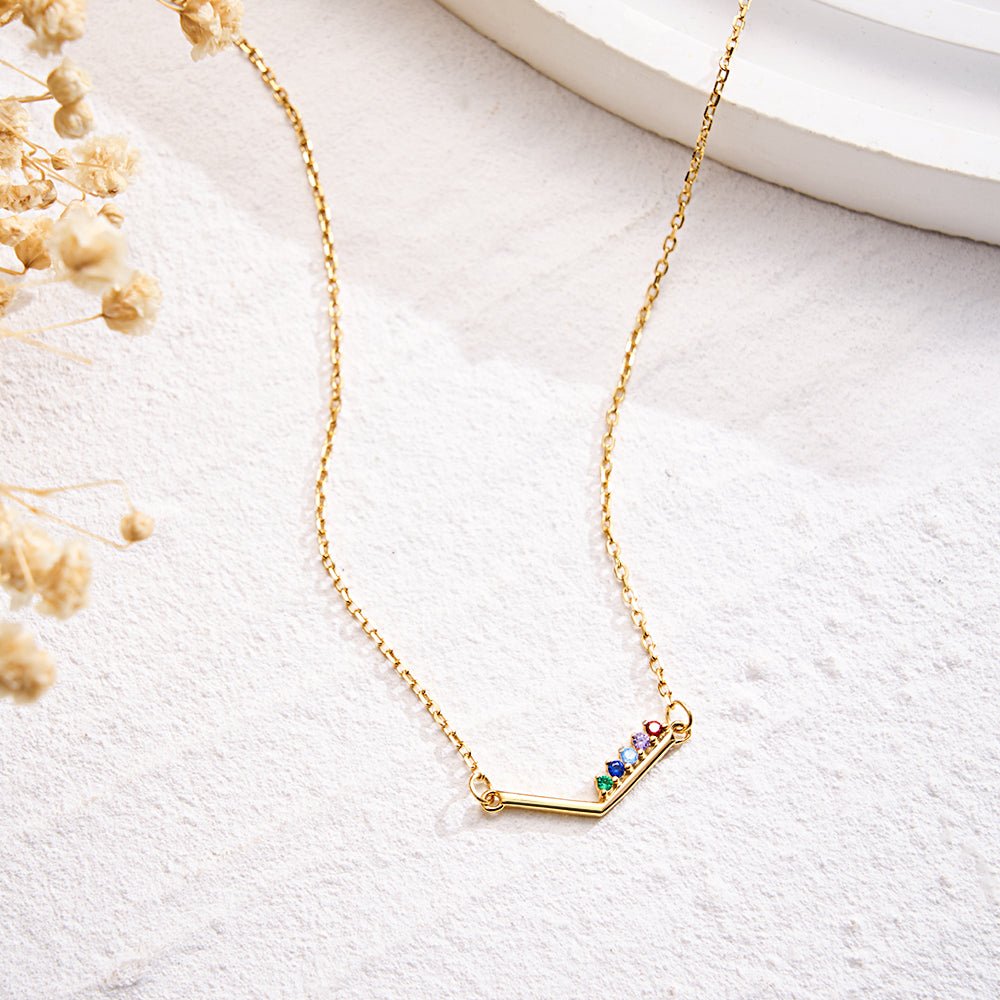 Personalized Birthstone Necklace V Shaped Necklace Anniversary Birthday Gift for Her - Coolpeacock