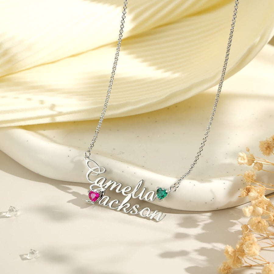 Personalized Double Name Necklace with Birthstones Jewelry Birthday Anniversary Gift for Her - Coolpeacock
