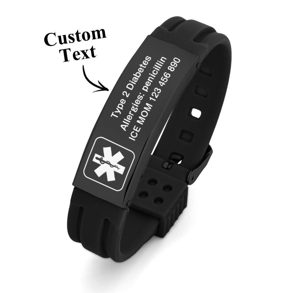 Personalized Emergency Medical Alert Bracelet Adjustable Silicone Bracelet for Men Women First Aid Gift - Coolpeacock