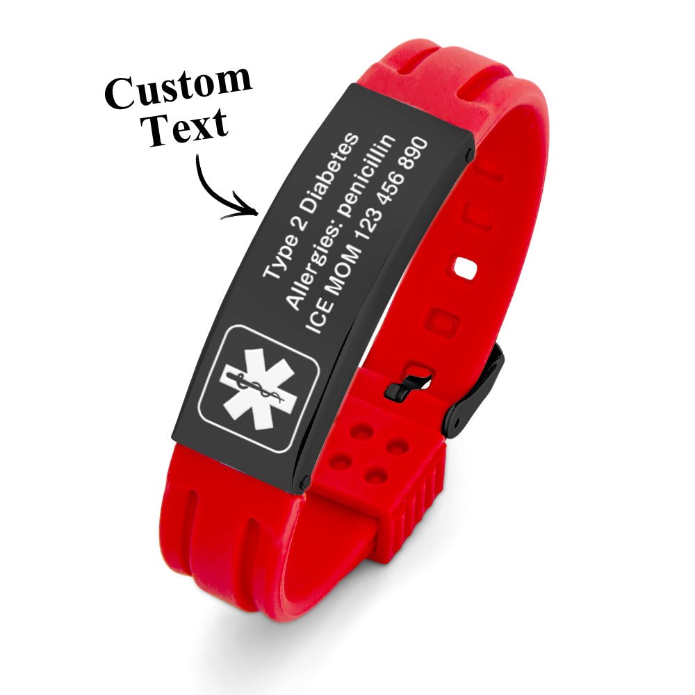 Personalized Emergency Medical Alert Bracelet Adjustable Silicone Bracelet for Men Women First Aid Gift - Coolpeacock