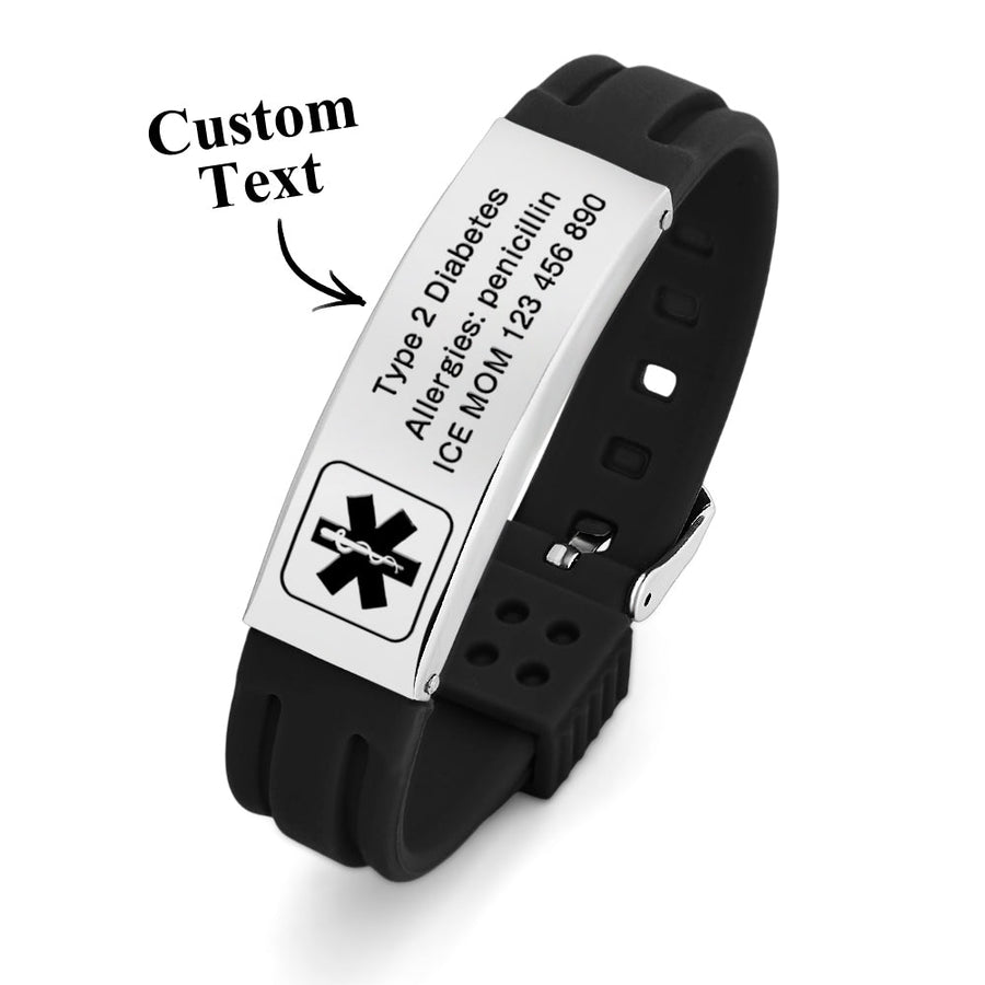 Personalized Emergency Medical Alert Bracelet Adjustable Silicone Bracelet for Men Women First Aid Gift - Coolpeacock