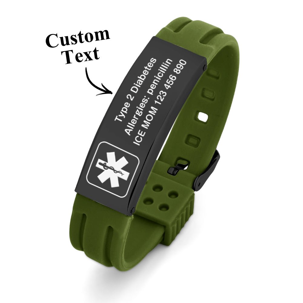 Personalized Emergency Medical Alert Bracelet Adjustable Silicone Bracelet for Men Women First Aid Gift - Coolpeacock