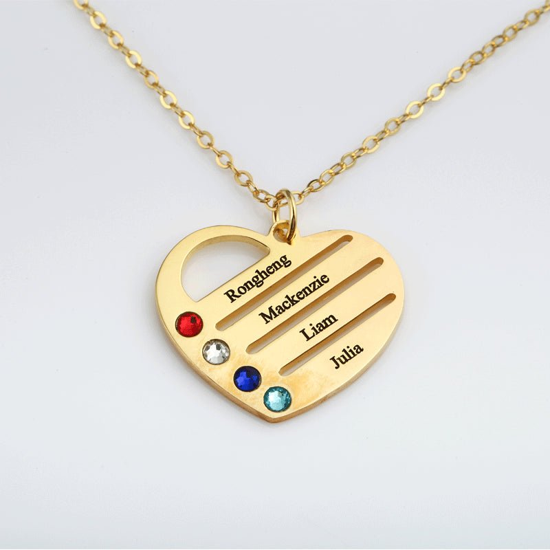Personalized Heart Name Necklace with Birthstones — Custom 1-4 Names Engraved Family Jewelry Gift - KIAHMILLA