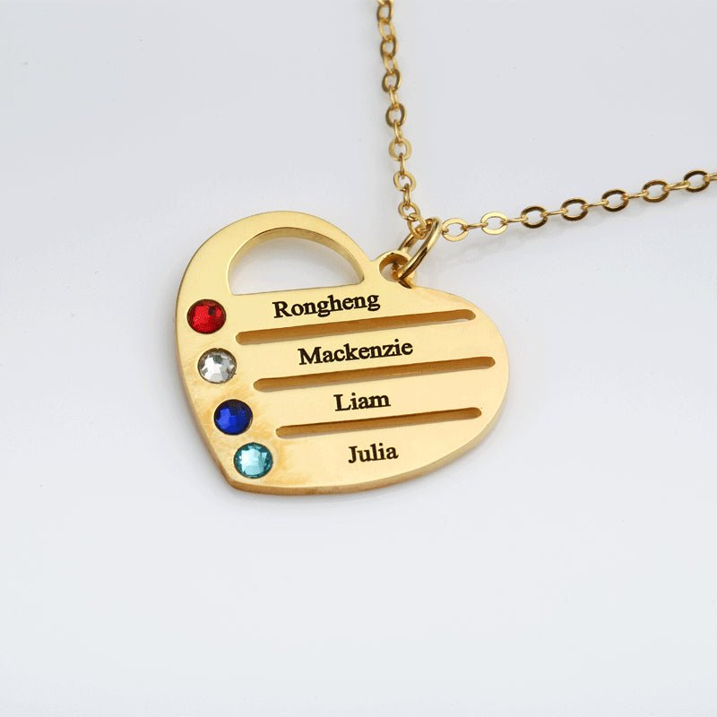Personalized Heart Name Necklace with Birthstones — Custom 1-4 Names Engraved Family Jewelry Gift - KIAHMILLA