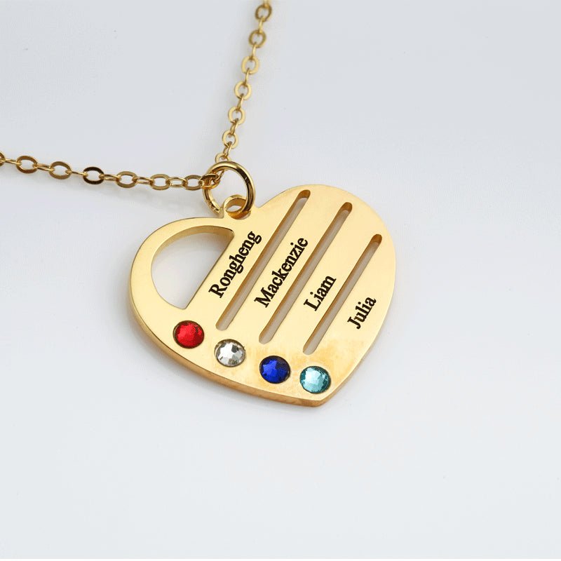 Personalized Heart Name Necklace with Birthstones — Custom 1-4 Names Engraved Family Jewelry Gift - KIAHMILLA