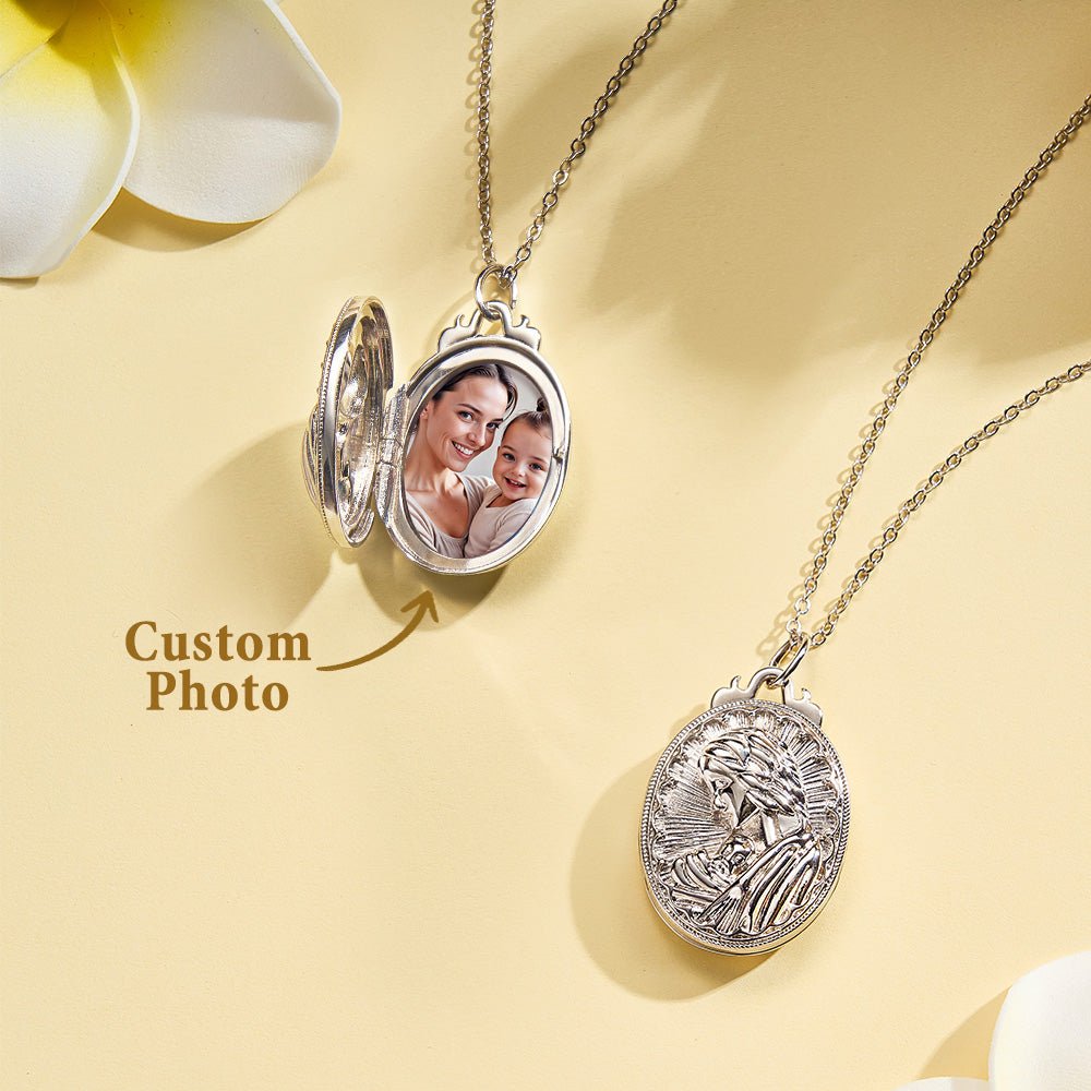 Personalized Photo Necklace Embossed Cubic Locket Necklace Birthday Gift for Mom - Coolpeacock