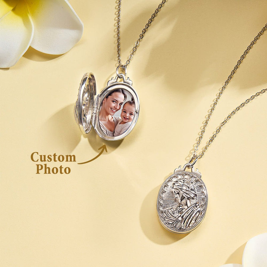 Personalized Photo Necklace Embossed Cubic Locket Necklace Birthday Gift for Mom - Coolpeacock