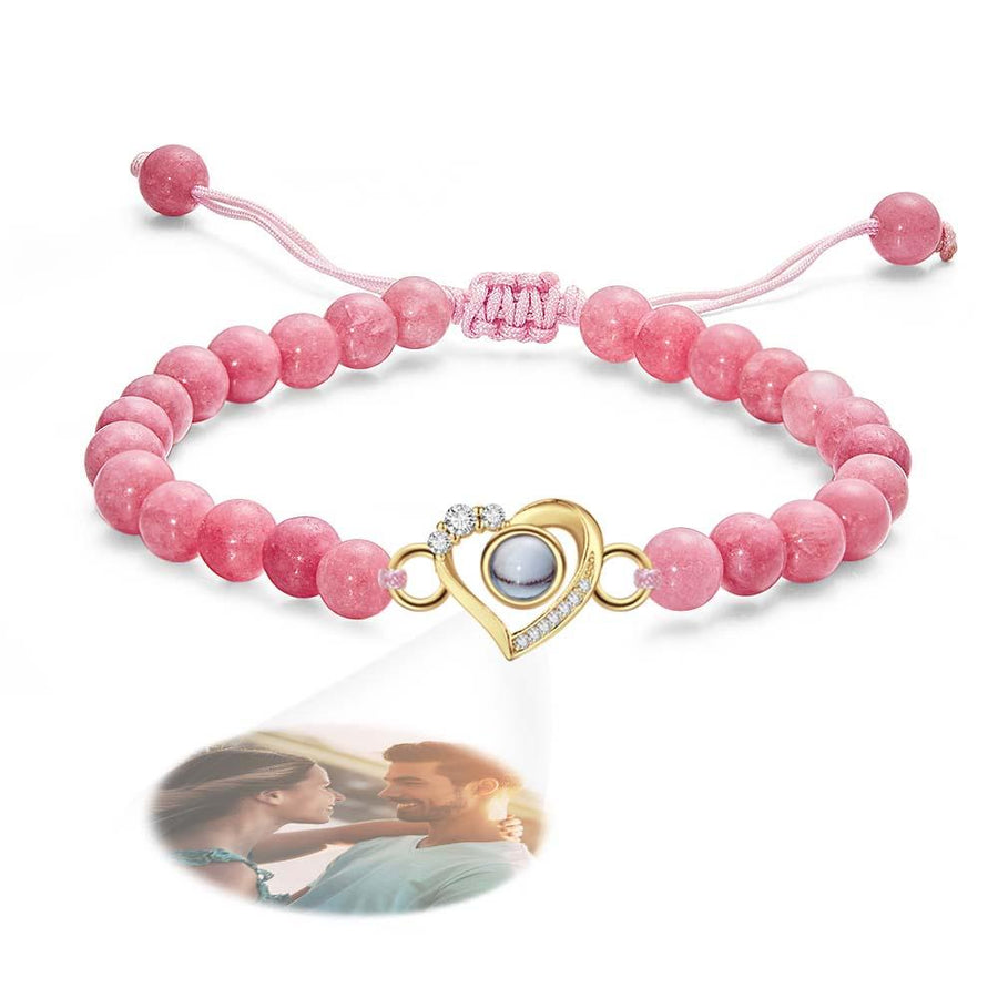 Personalized Photo Projection Beads Bracelet Heart - Shaped With Rhinestones Special Gift For Her - Coolpeacock